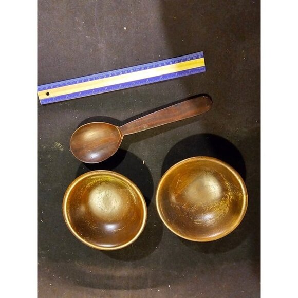 Vintage Wooden Bowls Set with Spoon Handcrafted Rustic Decor Kitchenware - Picture 3 of 5